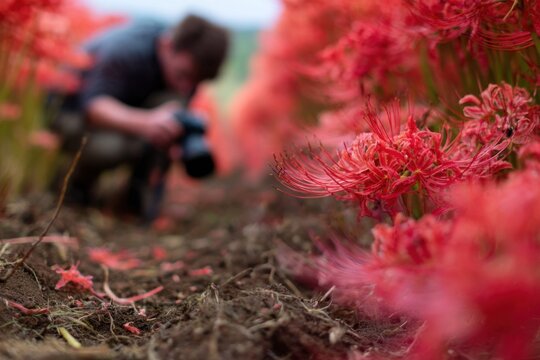 Person kneeling to photograph lycoris flowers at ground level