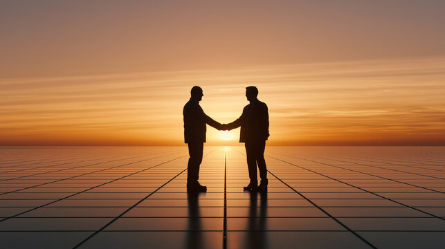 Renewable Energy Partnership on Solar Farm at Sunrise With Business Handshake