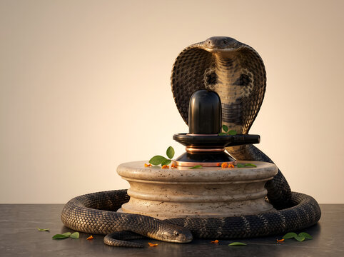 Lord Shiva Lingam with Sacred Cobra for Naag Panchami Festival, Naag Panchami Worship with Shiva Lingam, Cobra Snake, Trishul and Traditional Puja Arrangement