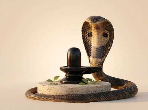 Lord Shiva Lingam with Sacred Cobra for Naag Panchami Festival, Naag Panchami Worship with Shiva Lingam, Cobra Snake, Trishul and Traditional Puja Arrangement