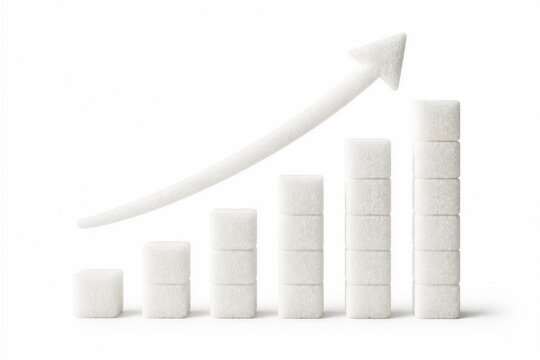 Stacked sugar cubes forming rising chart with upward arrow on white
