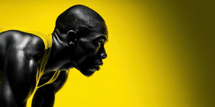 Intense sprinter profile in yellow light for sports branding banner.

