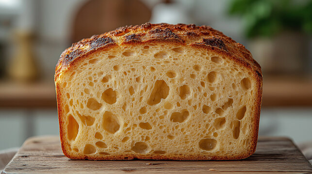 Slicing a freshly baked sourdough loaf on a wooden cutting board, golden-brown exterior to reveal the airy, soft crumb inside.