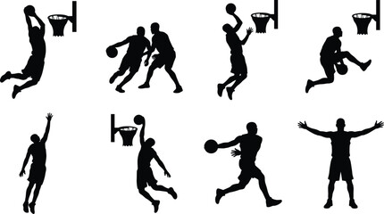 Basketball player silhouettes set featuring athletes dunking dribbling defending shooting and celebrating isolated on white background © MstRehna