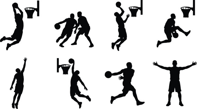 Basketball player silhouettes set featuring athletes dunking dribbling defending shooting and celebrating isolated on white background