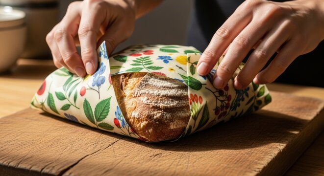 Hands wrapping freshly baked bread in reusable beeswax wrap on a wooden board.