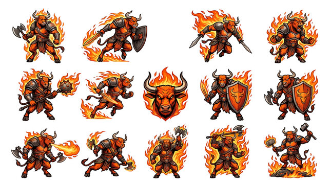 Flaming minotaur warrior character collection for fantasy games.
