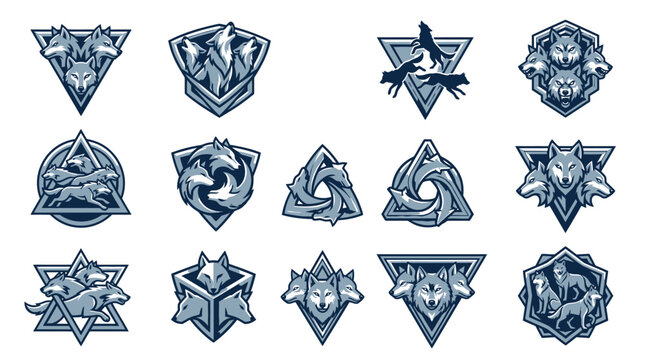 Geometric wolf and mountain icons in blue shields.