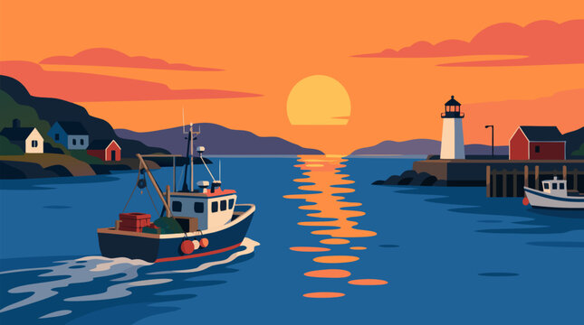 A clean flat vector illustration of a small fishing boat returning to harbor as the sun sets over the bay, perfect for coastal lifestyle, fishing industry, and serene nature scenes.