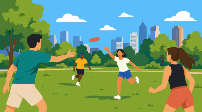 A group of friends playing frisbee on a sunlit lawn in a city park on a bright summer day rendered as a clean flat vector illustration on a light background, great for leisure and outdoor lifestyle co