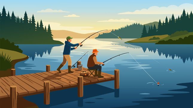 Fishermen casting lines from a wooden pier into a calm morning lake, a clean flat vector illustration on a light background suitable for fishing, outdoor hobby, and tranquil leisure lifestyle concepts
