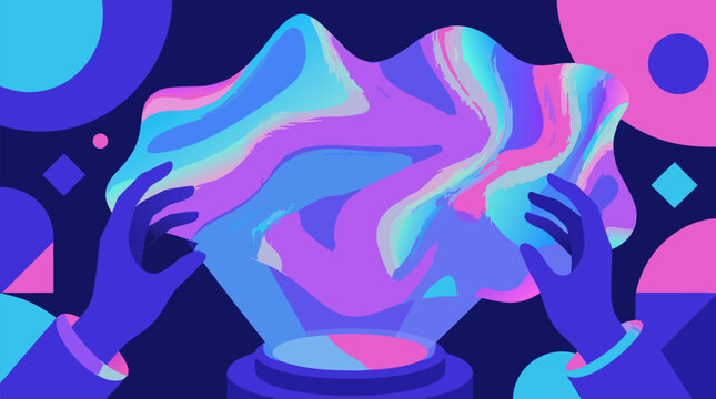 Holographic gradient mesh shimmering with violet cyan and magenta interference patterns in a vibrant flat vector illustration ideal for modern graphic design tech backgrounds and digital art