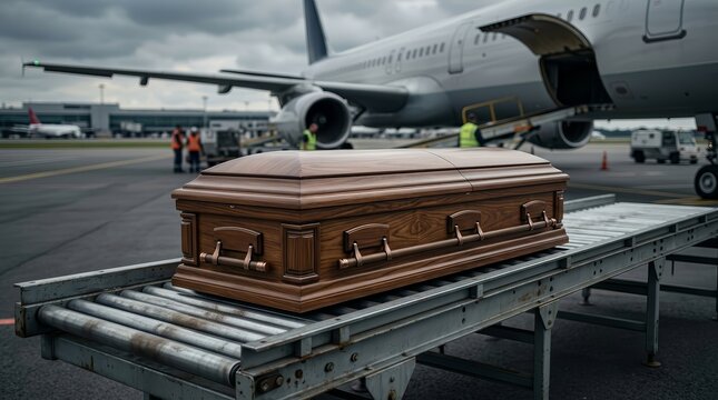 Wooden coffin being prepared for transport at an airfield with an airplane in the background.