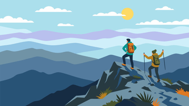 A group of hikers triumphantly reaching a windswept mountain ridge with sweeping views of layered peaks stretching into the distance, a clean flat vector illustration ideal for outdoor adventure and t