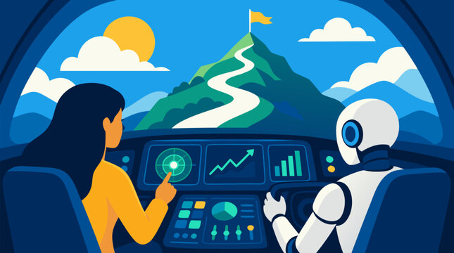 Robot and woman co-piloting a glowing dashboard steering an ascending business journey in a vivid flat vector illustration ideal for AI leadership corporate tech and digital transformation messaging