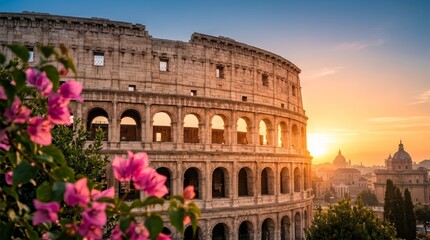 Obraz premium The Roman Colosseum illuminated by the golden sunrise behind a frame of pink flowers.