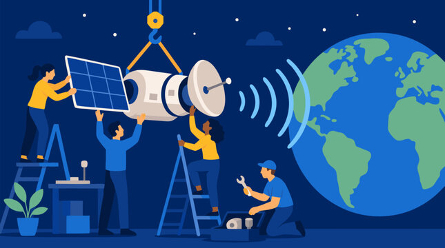 Technicians assemble a communications satellite sending signals to Earth, clean flat vector illustration on a light background for space technology services.