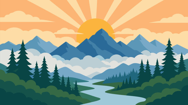 Clean flat vector illustration of a sunrise over blue mountains, pine forests, clouds, and a winding river on a light background for outdoor travel marketing.