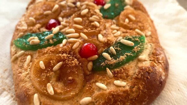 Catalan Sweet Flatbread Coca Candied Fruit Pine Nuts Closeup Video Traditional Festive
