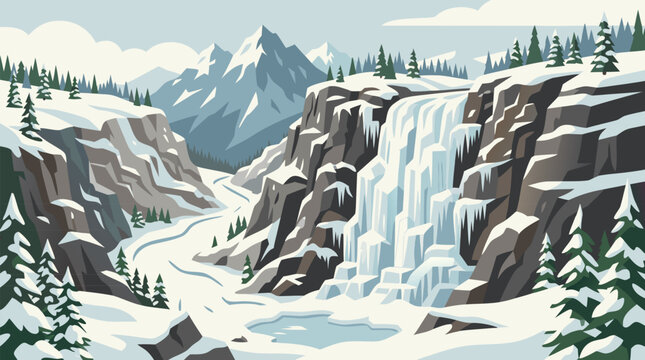 Clean flat vector illustration on a light winter background depicts a frozen waterfall in snowy mountain cliffs and pine forest, ideal for travel or nature posters.