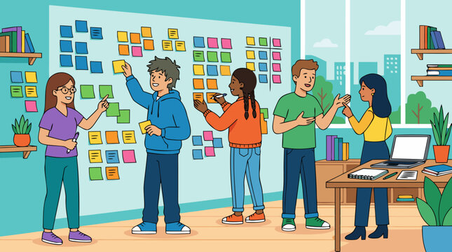 A clean flat vector illustration shows a diverse office team brainstorming with colorful sticky notes on a whiteboard in a light workspace, useful for agile workshops.