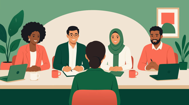 A diverse hiring panel interviews a seated candidate across a conference table in a clean flat vector illustration on a light background for recruitment materials.