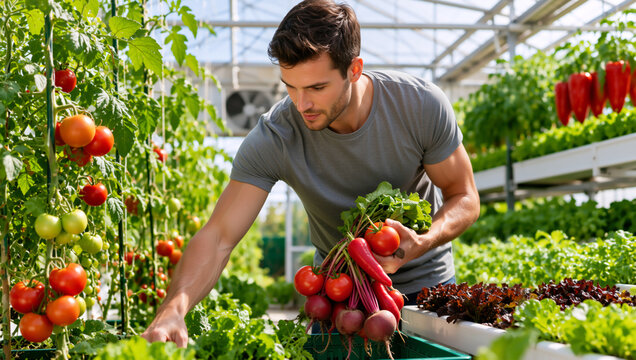 Young male farmer harvesting fresh vegetables in a modern greenhouse. Man holding organic tomatoes and beets while working on an indoor commercial farm. Agricultural business concept