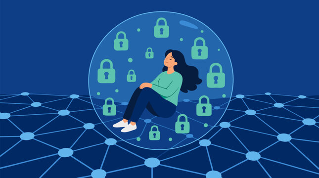 A clean flat vector illustration on a light background shows a woman sitting inside a protective bubble of padlocks over a network, ideal for privacy and cybersecurity messaging.