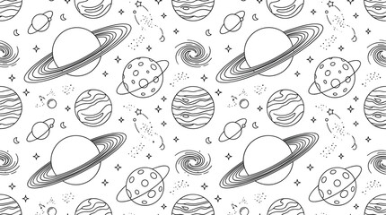 Outer space solar system seamless pattern line art with planets saturn stars and galaxy vector illustration © AKTAR