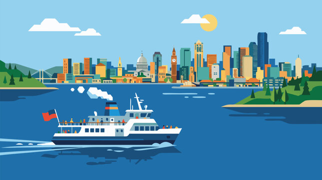 Clean flat vector illustration of a passenger ferry crossing a harbor before a colorful city skyline on a light sky background, suited to travel, transport, or tourism ads.