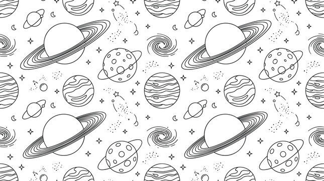 Outer space solar system seamless pattern line art with planets saturn stars and galaxy vector illustration
