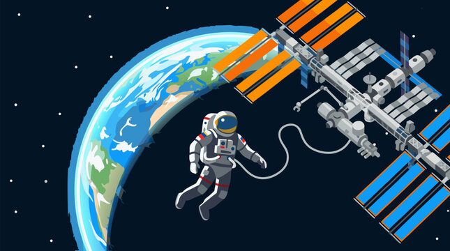 Clean flat vector illustration on a dark space background showing an astronaut tethered to an orbiting station above Earth, ideal for science, aerospace, or education content.