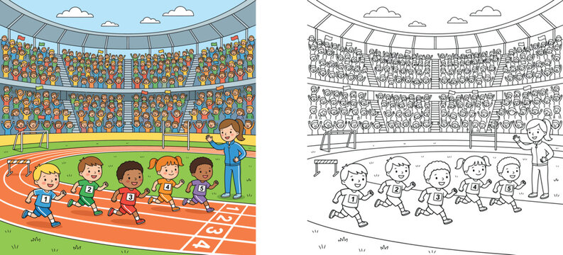 Kids track and field race in stadium cartoon vector illustration and coloring book page set, children running competition with cheering crowd