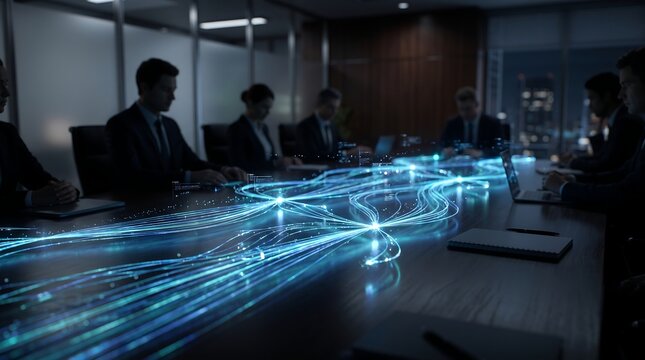 Corporate team in boardroom observing glowing network visualization lines on conference table representing big data connectivity and business communication strategy in modern office