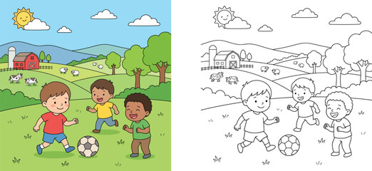 Fototapeta premium Kids playing soccer on a farm cartoon illustration and black and white coloring book page set with cute boys, football, cows, barn and sunny landscape vector