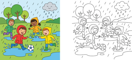 Naklejka premium Kids playing in rain puddles vector illustration and coloring book page template with happy children wearing raincoats and playing soccer outside