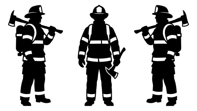 Set of silhouettes of firefighters in uniform with axes isolated on white background