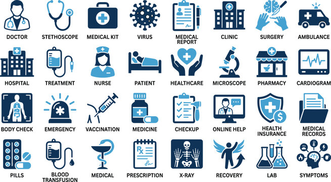 Collection of medical and healthcare icons representing various professions and services