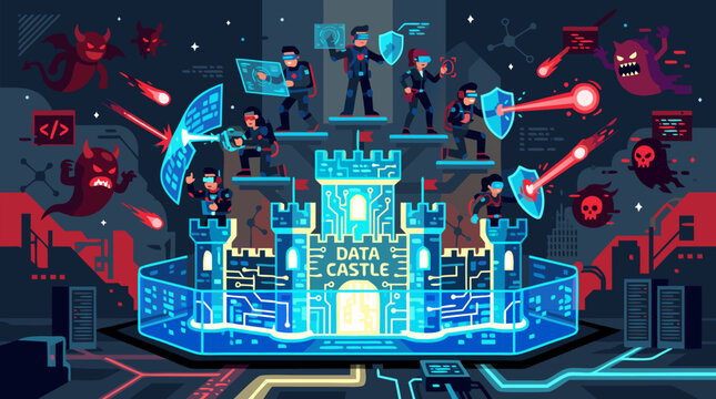 Clean flat vector illustration on a light background of a data castle defended by cyber security agents against malware attacks for tech marketing.