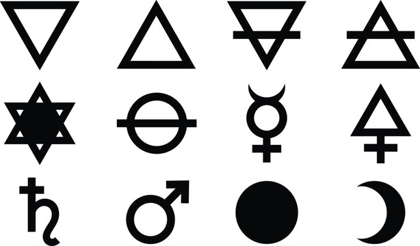 Alchemical symbols and astrological planet signs set with four elements vector icons for esoteric design
