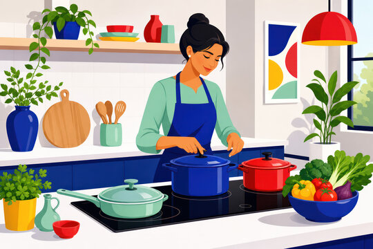 Woman cooking healthy meal in modern kitchen, using induction hob with colorful pots and fresh vegetables