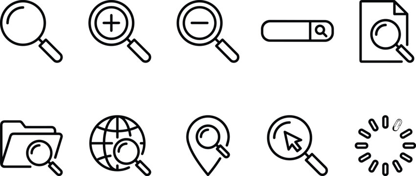 Search Magnifier and Zoom Navigation Line Icon Set with Web Discovery Symbols for Digital User Interface Menu Designs