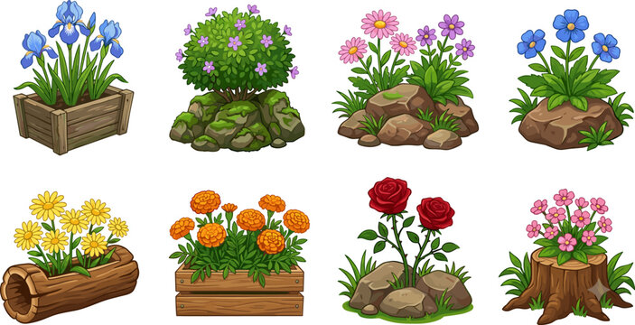 Collection of colorful garden flowers in wooden planters, tree stumps, and rock arrangements, isolated on a clean white background vector.