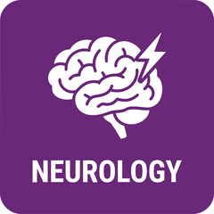 A striking flat vector icon for Neurology Department signs in hospitals and neuroscience centers. Deep violet rounded rectangle with a white brain-neural pictogram and bold text label. Ideal for hospi © 女王慕容清月