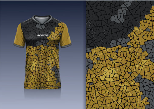 Sport Jersey Mockup Abstract Cracked Texture Pattern Gold Black Sublimation Design for Football Soccer Racing Esports