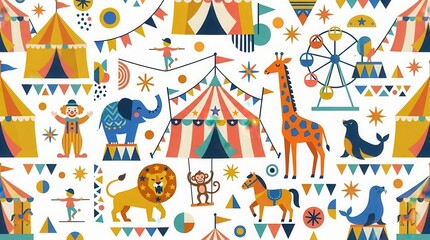 Fototapeta premium Vibrant pattern shows circus tents, elephants, clowns, lions, giraffes, seals, and a ferris wheel
