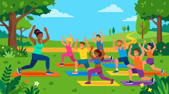 Clean flat vector illustration on a light background shows a diverse group doing outdoor fitness lunges on colorful mats in a park, useful for wellness and community exercise promotions.
