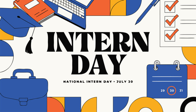 Colorful flat illustration celebrating national intern day with professional office icons