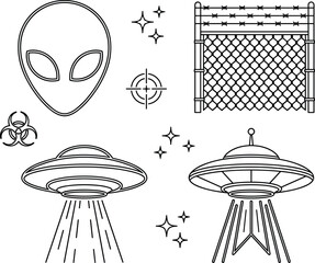 Alien extraterrestrial conspiracy and restricted area line icons set with ufo flying saucers and fence vector © AKTAR