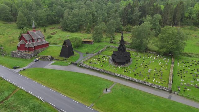 Aerial drone right to left of Borgund Stave Church, Norway